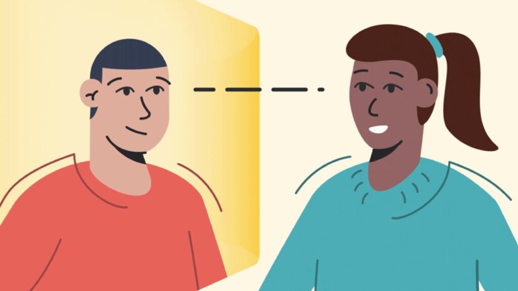 Illustration shows eye contact between two users through Beam AI-powered device
